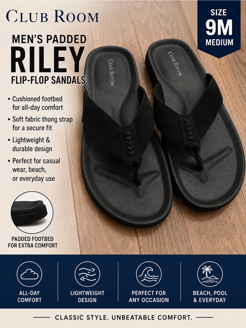Club Room Men's Padded Riley Flip-Flops in Black